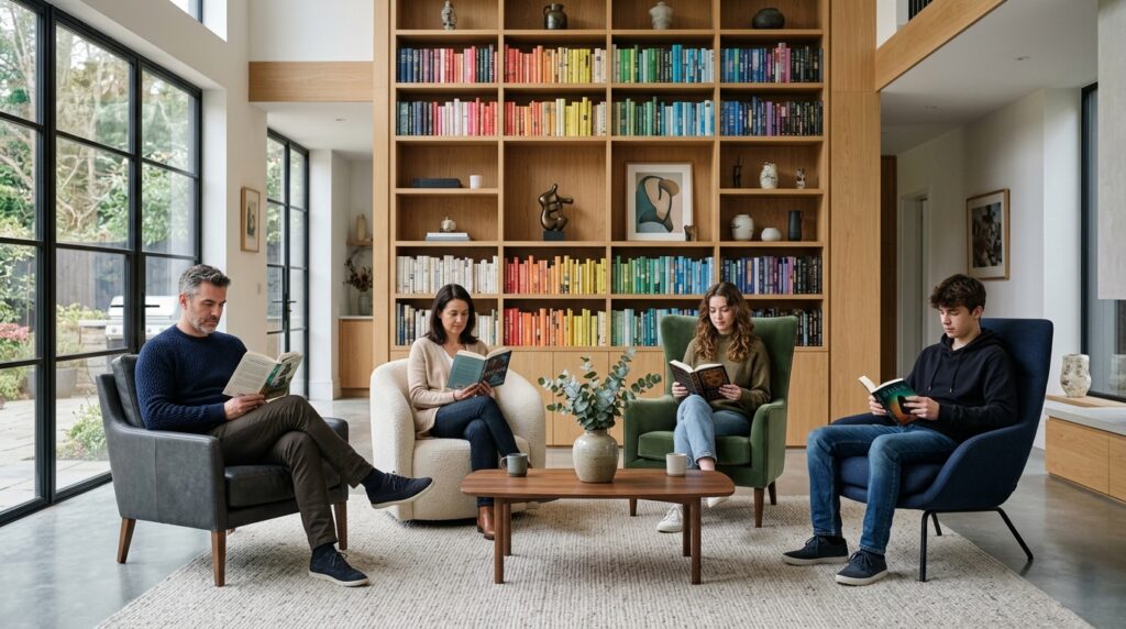 Família lendo livros juntos na sala de casa